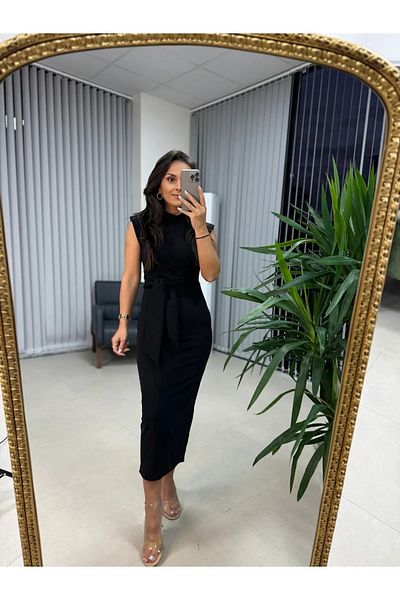GALAVİP Women's New Season Shoulder Padded Black Tie Dress