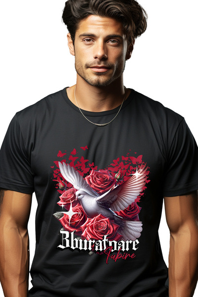 StoryGift Romania Tricou Barbati Porumbel Intre Trandafiri Iubire Zburatoare ...