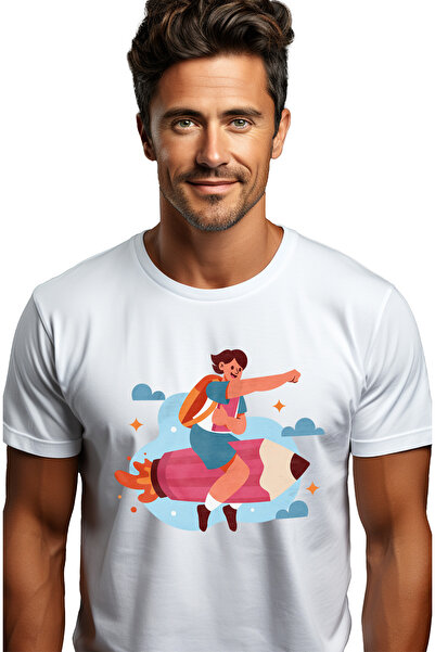 StoryGift Romania Tricou bărbătesc cu creion, rachetă, flăcări, stele, cer, n...