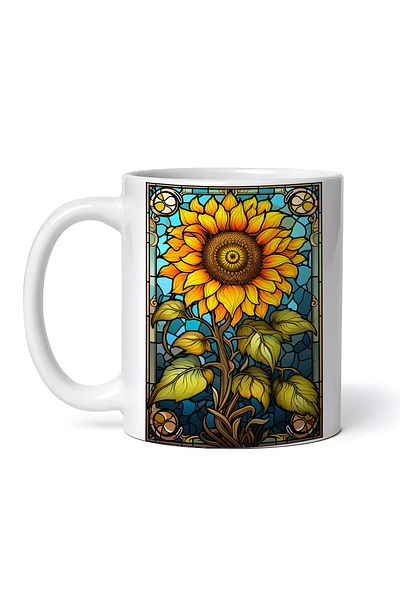 OEM Cană albă personalizată, vitraliu dreptunghiular cu floarea-soarelui, INOVATIX®. 330ml