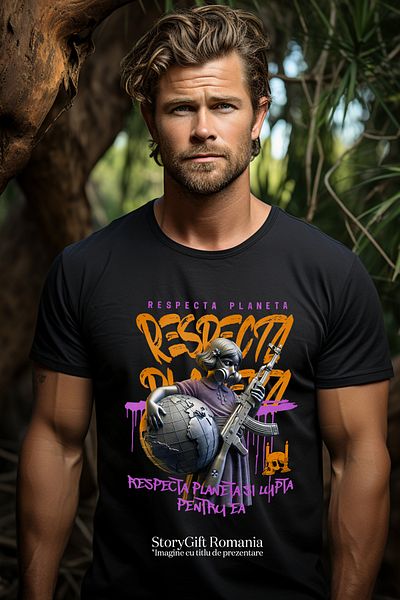 StoryGift Romania Men's T-Shirt Respect the Planet and Fight for It with Print on the Front, 100% Cotton, Black Stg