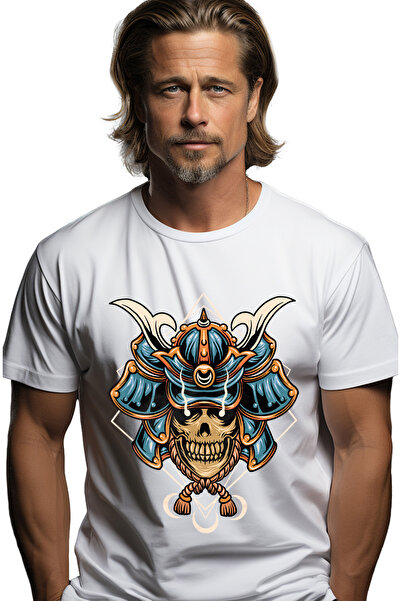 StoryGift Romania Tricou Barbati Cu Casca, Samurai, Schelet, Sfoara, Craniu, Geometrie, Cu Imprimeu Pe Fata Stg