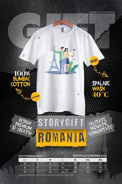 StoryGift Romania Tricou Barbati Cu Franta, Turism, Turnul Eiffel, Telefon, Cu Imprimeu Pe Spate, 100% Bumb Stg