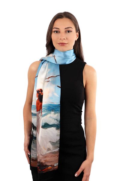Bursa İpek Blue Seagull Pattern Silk Scarf