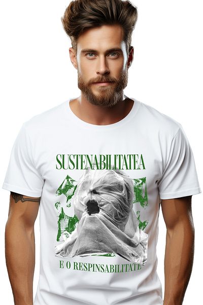 StoryGift Romania Tricou Barbati Sustenabilitatea E O Responsabilitate Poluare Sac De Plastic Cu Imprimeu Pe Stg