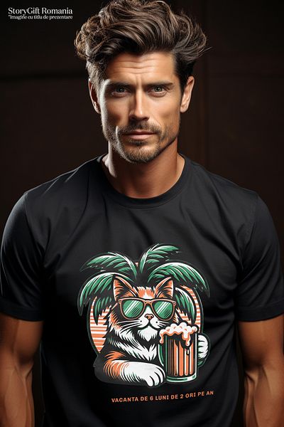 StoryGift Romania Tricou Barbati Pisica Vacanta De 6 Luni De Doua Ori Pe An, Iubitorii De Animale Cu Imprime Stg