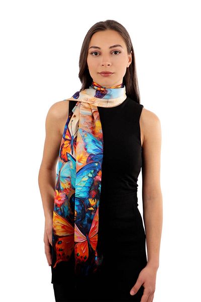 Bursa İpek Turquoise Butterfly Pattern Silk Scarf