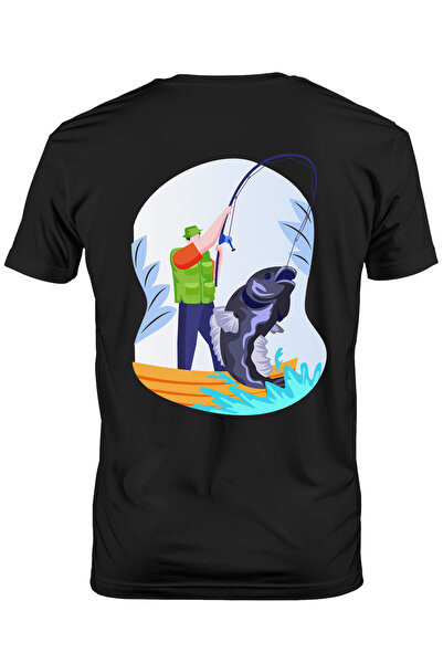 StoryGift Romania Tricou bărbătesc cu imprimeu pește, undiță, barcă, 100% bum...