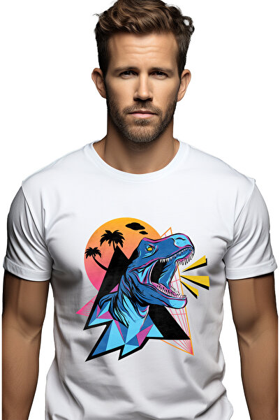 StoryGift Romania Tricou Barbati Cu Dinozaur, Palmieri, Geometric, Nori, Retr...