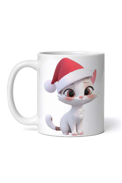 OEM Εξατομικευμένη λευκή κούπα, Γάτα με καπέλο Άγιου Βασίλη, INOVATIX®. 330ml