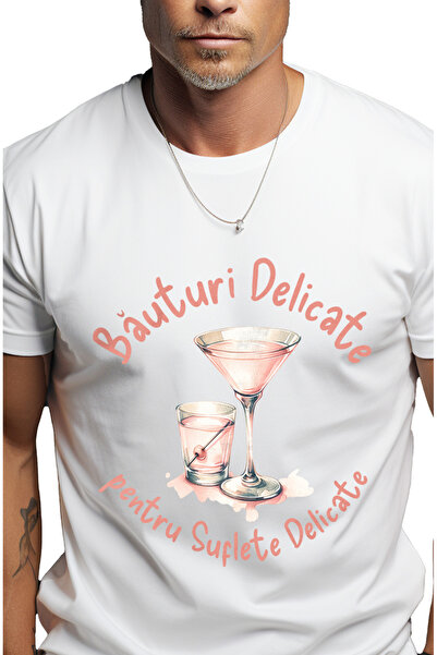 StoryGift Romania Tricou Barbati Bauturi Delicate Pentru Suflete Delicate Martini Cu Imprimeu Pe Fata, 100% Stg