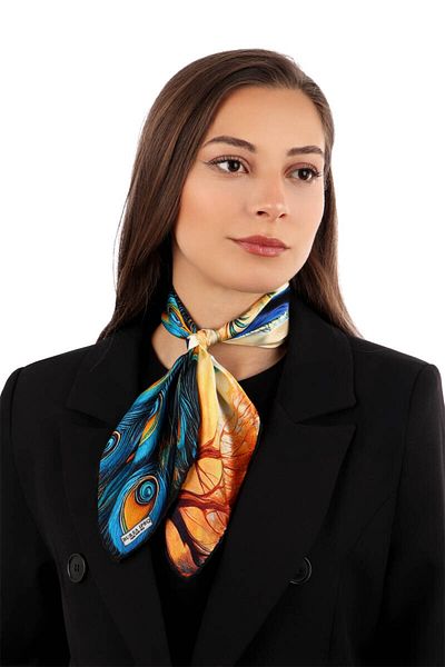 Bursa İpek Yellow Peacock Pattern Silk Handkerchief