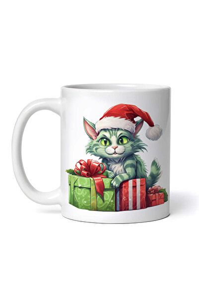 OEM Cană personalizată albă, pisică fericită stând pe cadouri de Crăciun, INO...