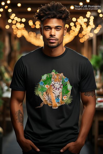 StoryGift Romania Men's T-shirt with portrait of a tiger cub with a flower necklace, in nature, young animal