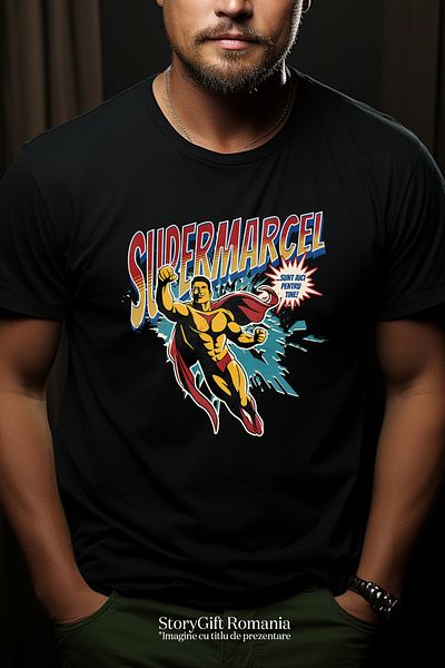StoryGift Romania Men's T-Shirt Super Marcel, Superhero I'm Here For You With Print On The Front, 100% Bum Stg