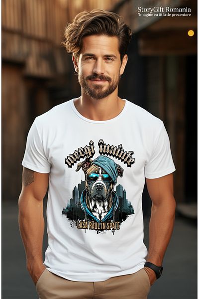 StoryGift Romania Tricou Barbati Caine Gangster Cu Ochelarii Si Lant De Aur, Mesasaj Motivational Mergi Inai Stg