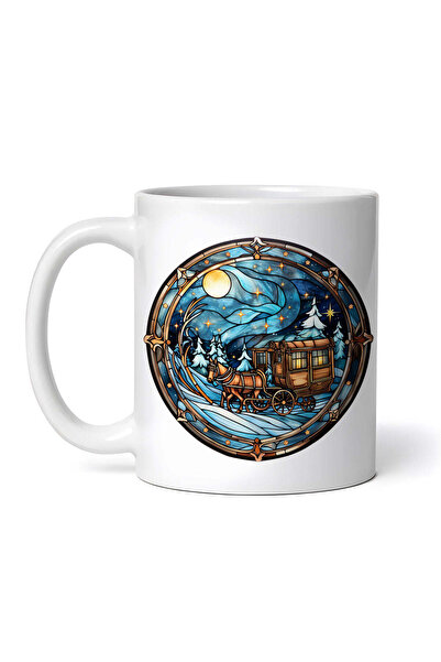 OEM Cană albă personalizată, trăsură din vitraliu cu cai, INOVATIX®. 330ml