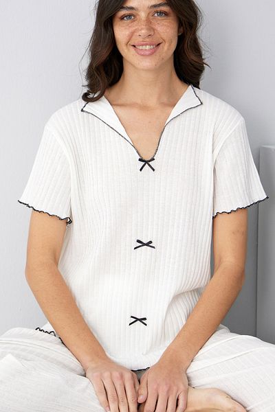 Siyah İnci Costum de pijama alb cu fundă subțire de sezon7879