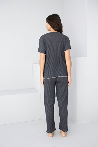 Siyah İnci antrasit Mevsimlik İnce Fiyonklu Pijama Takım7879