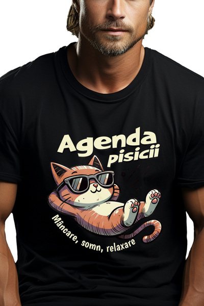StoryGift Romania Tricou Barbati Agenda Pisicii Mancare Somn Relaxare Cu Imprimeu Pe Fata, 100% Bumbac, Neg Stg