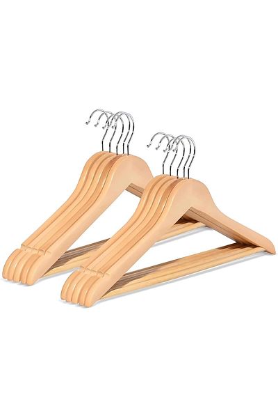 COOYA 10 Pack Wooden Hangers,Non Slip with Smooth Finish Cut Notches 360° Swivel Hook Clothes Hangers