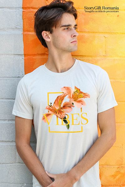 StoryGift Romania Men's T-Shirt With Tropical Flowers Pink Orange, Text In English Spring Vibes, Spring, Stg
