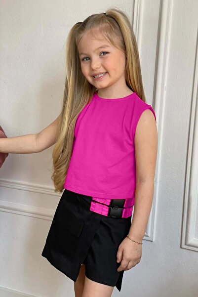 Riccotarz Girl's Fuchsia Skirt Suit with Zero Sleeve Blouse and Double Belt Detail