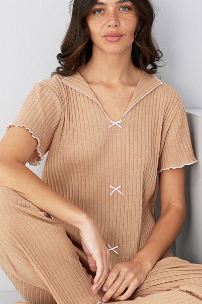Siyah İnci Milk Coffee Seasonal Thin Bow Pajama Suit7879