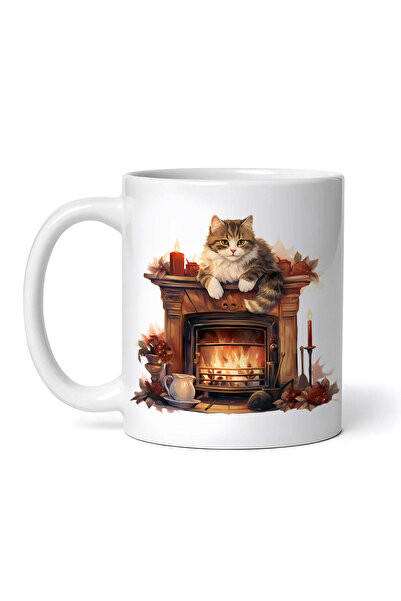 OEM Cană albă personalizată, Pisică cu coadă stufoasă pe șemineu, INOVATIX®. ...