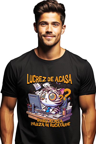 StoryGift Romania Tricou Barbati Lucrez De Acasa Pisica La Birou Pauza In Buc...