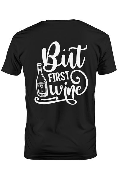 StoryGift Romania Tricou bărbătesc cu textul în engleză „but First Wine” - But First Wine cu imprimeu pe snur