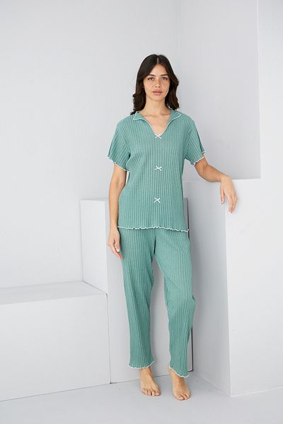 Siyah İnci Mint Green Seasonal Thin Bow Pajama Suit7879