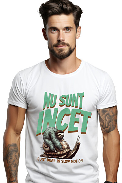 StoryGift Romania Tricou Barbati Animal Lenes Si Melc Text Haios Nu Sunt Incet Doar In Slow Motion Cu Imprim Stg