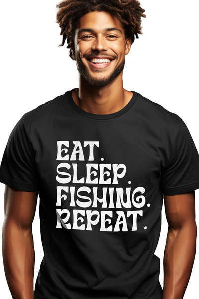 StoryGift Romania Tricou bărbătesc cu textul „mănâncă. Dormi. Pescuit. Repetă...