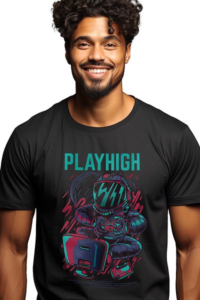 StoryGift Romania Men's T-Shirt With Man In Astronaut Suit In Space Playing On Computer, Left Handed Controller