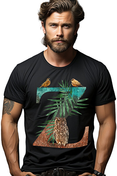 StoryGift Romania Tricou Barbati Cu Litera, Z, Bufnita, Pasari, Cu Imprimeu P...