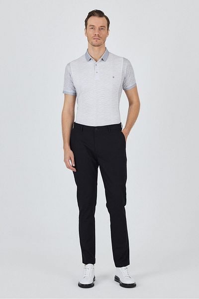 İmza Black Dobby Side Pocket Straight Leg Slim Fit Cotton Casual Chino Trousers 1003250120
