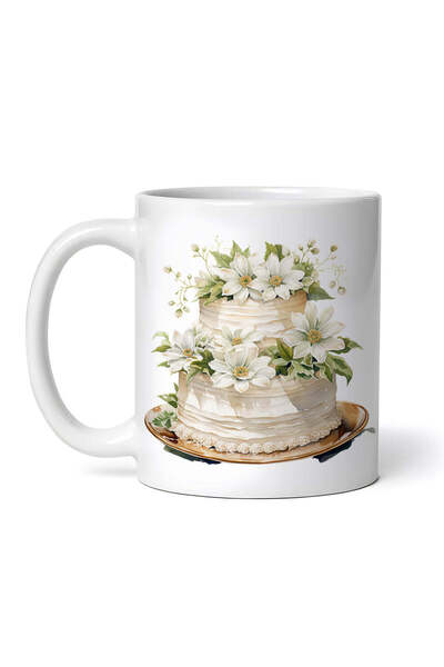 OEM Cană albă personalizată, Tort de nuntă cu flori și frunze albe, INOVATIX®...