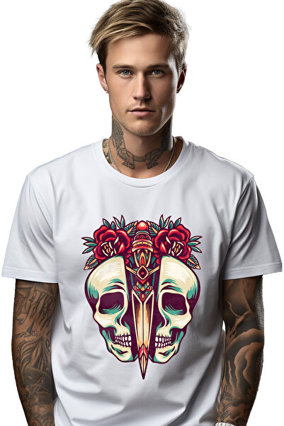 StoryGift Romania Tricou Barbati Cu Craniu Injumatatit, Pumnal, Flori, Frunze...