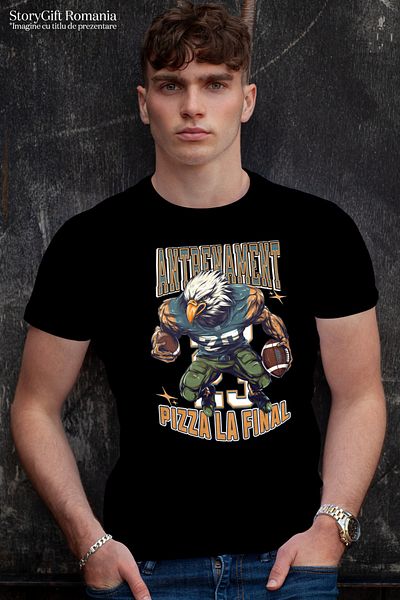 StoryGift Romania Men's T-Shirt Training Now Pizza At The End, Football Eagle With Front Print, 100% B Stg