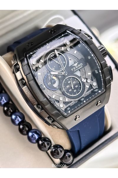 FERRO Sports Men's Watch, Active Functions, Navy Blue Silicone, with Calendar, Bracelet Gift
