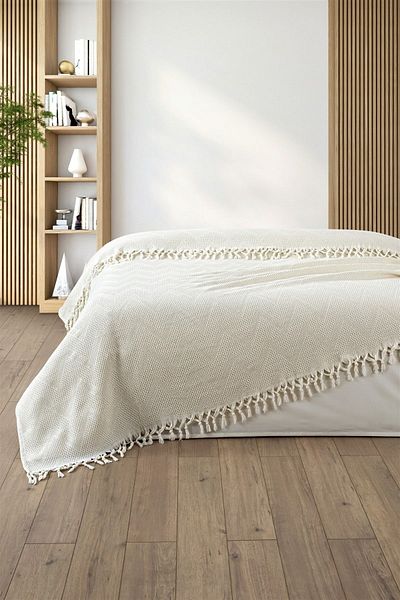 Sevim 100% Cotton Double Binding Fringed Pike-220X240 Cm-Cream