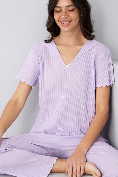 Siyah İnci Lilac Seasonal Thin Bow Pajama Suit7879