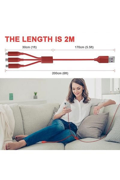 Bawanfa 3 in 1 charging cable, USB C/Micro USB/Lightning, nylon, red, 2 m