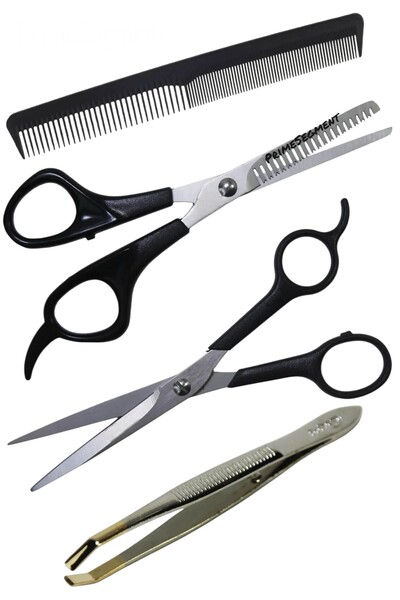 PrimeSegment Kuaför Seti Paslanmaz Çelik Ara Makası + Cımbız + Berber Tarağı + Makas