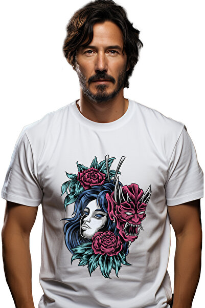 StoryGift Romania Tricou bărbătesc cu monstru, femeie, cap de demon, flori, f...