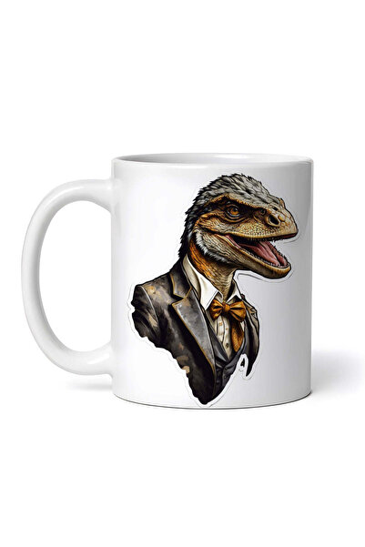 OEM Cană albă personalizată, Velociraptor cu papion, INOVATIX®. 330ml