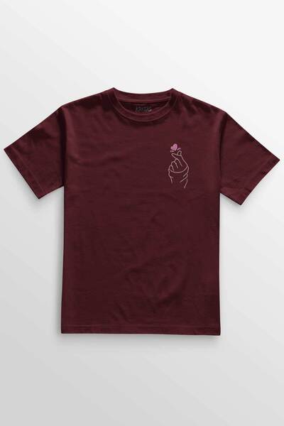 Kretas Unisex bordo T-shirt Volim te korejski znak ruke minimalna prednja str...