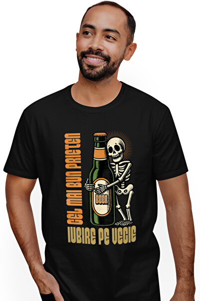 StoryGift Romania Men's T-Shirt Skeletons and Beer Bottle Best Friends With Front Print, 100% Stg