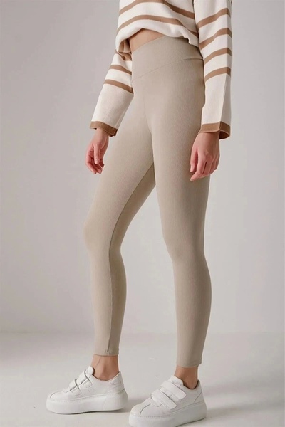 PRENSES ÖRME KUMAŞ TOPARLAYICI YÜKSEK BEL FİTİLLİ TAYT KREM BEJ TAŞ